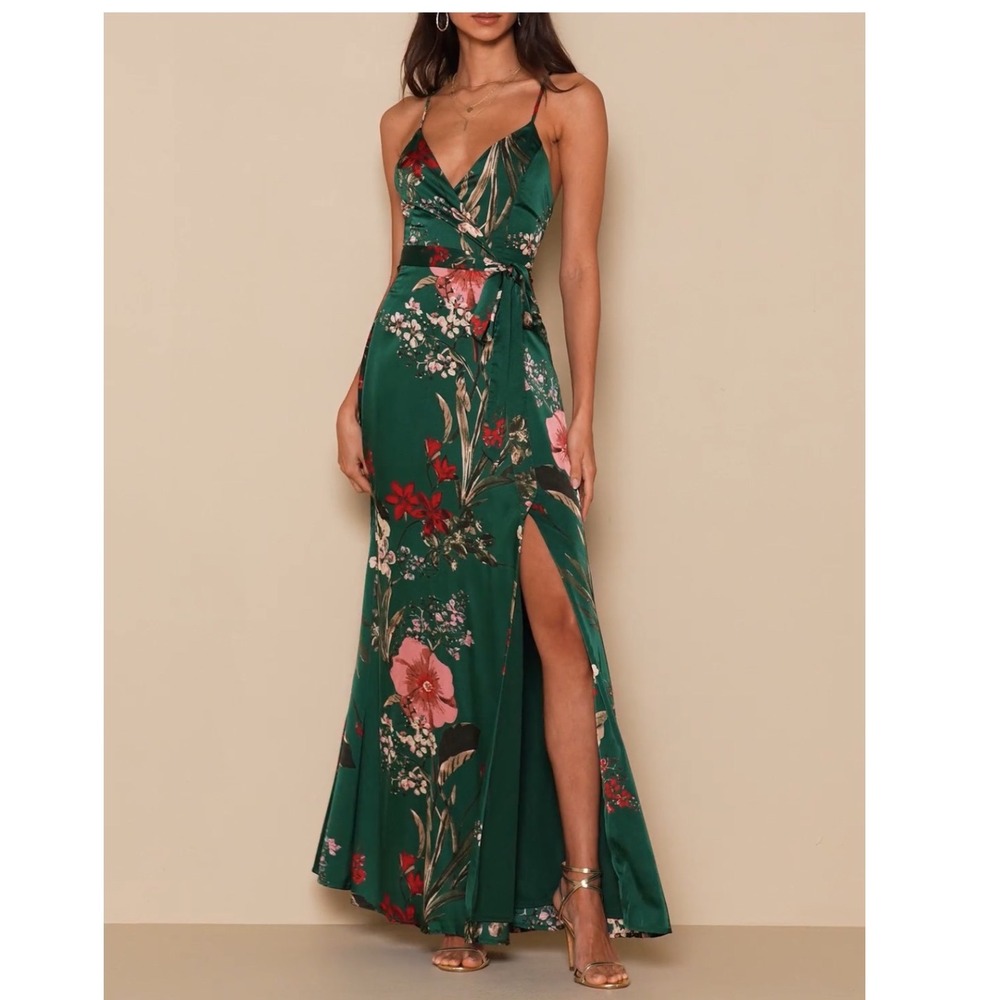 NWT Lulus Still the One Emerald Green Floral Print Satin Maxi Dress XL